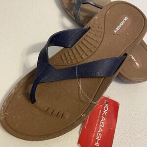 New Vintage Okabashi Brown Navy Flip Flop Sandals Women's Size M/L (8-9) USA